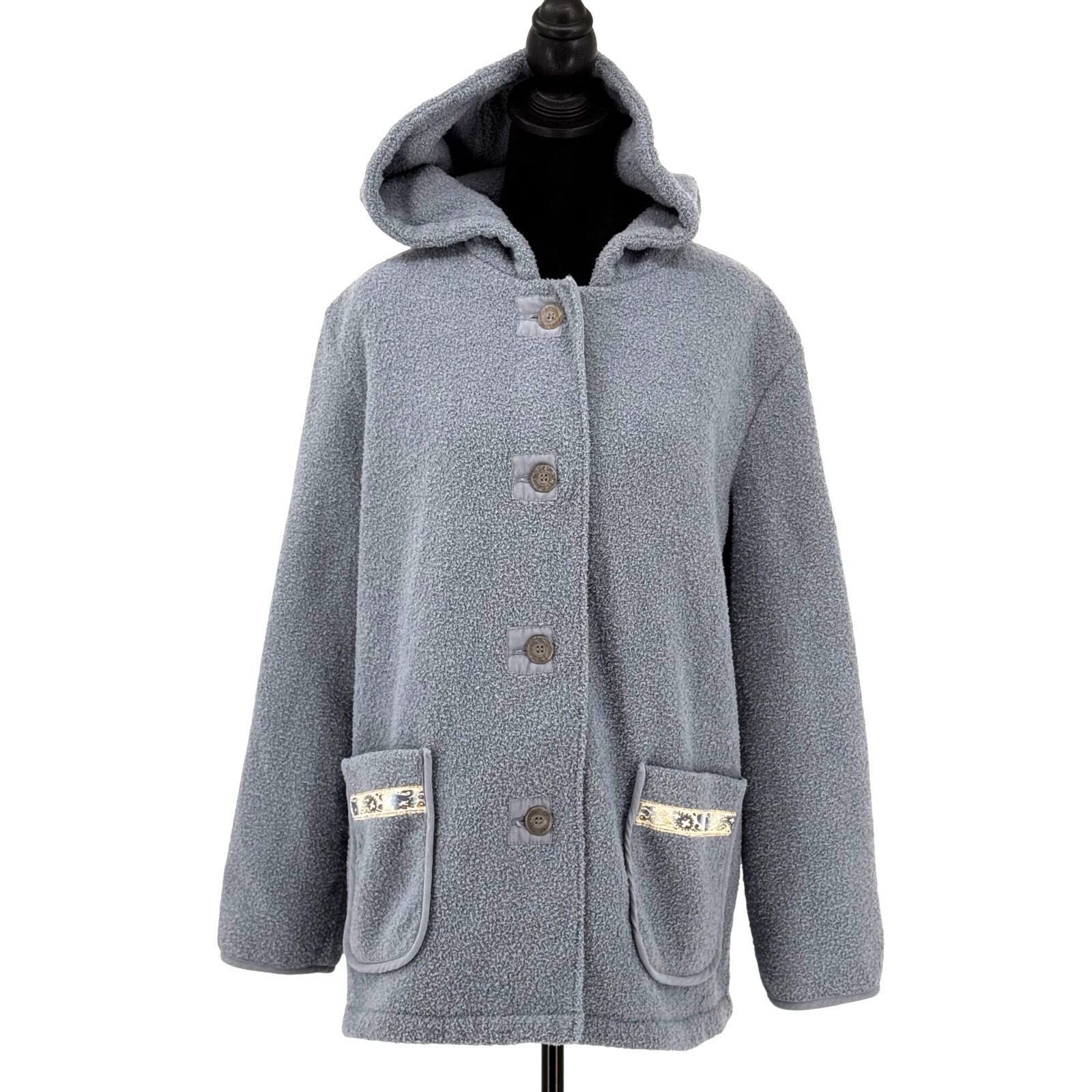 Vintage Boucle Jacket Womens L Hooded Embroidered Patch Pockets Button Folk Boho